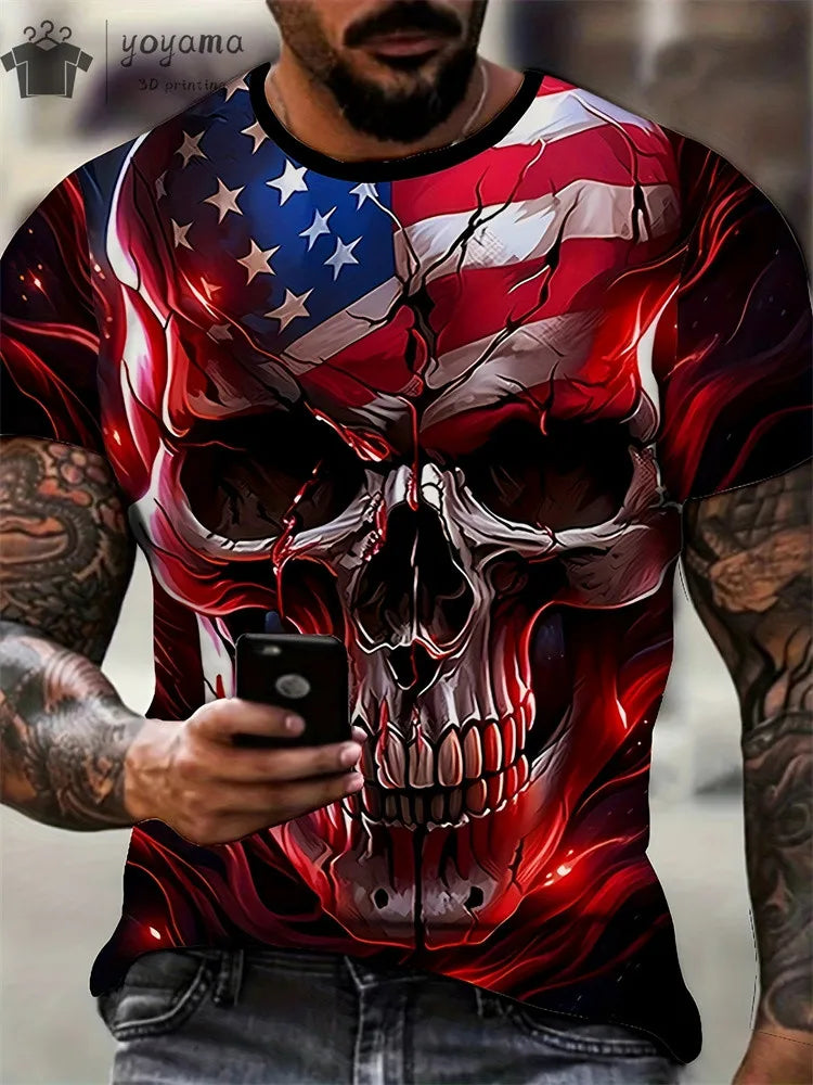 Men's Horror Skull Print T-Shirt 3D Print Vintage O-Neck Short Sleeve Fashion Oversized T-Shirts Men's Summer Street Clothing