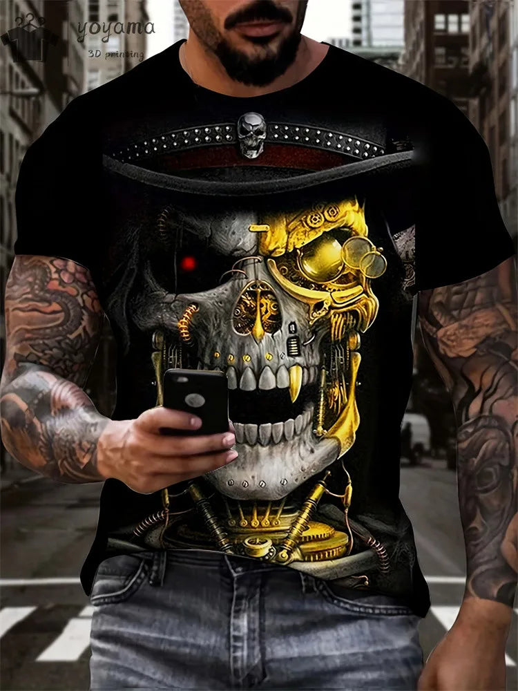 Men's Horror Skull Print T-Shirt 3D Print Vintage O-Neck Short Sleeve Fashion Oversized T-Shirts Men's Summer Street Clothing