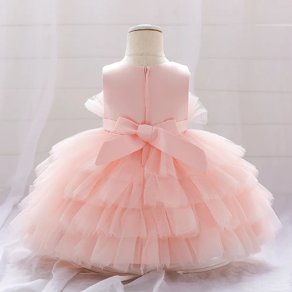 Kids Bow Baby Girls Dress Puffy Tulle Toddler White Baptism Party Dresses For Girl Elegant Kids Birthday Princess Ball Gown