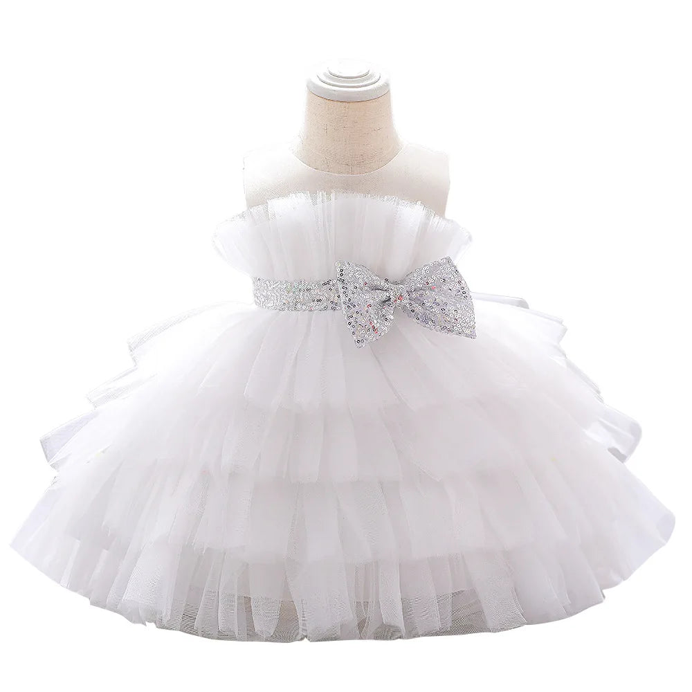 Kids Bow Baby Girls Dress Puffy Tulle Toddler White Baptism Party Dresses For Girl Elegant Kids Birthday Princess Ball Gown