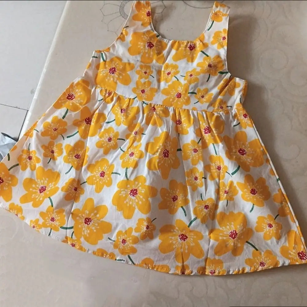 Elegant Bowknot Baby Girl Princess Dress Cotton Summer Floral Dress with Hat Sweet Sleeveless Flower Dress Beach Vacation