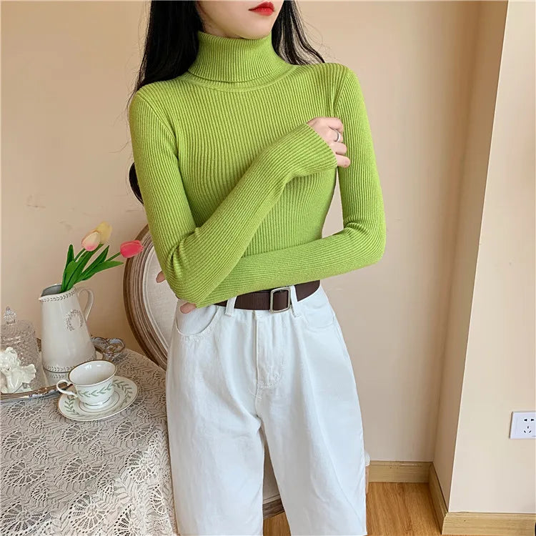 2026 Autumn Winter Women Long Sleeve Knitted Foldover Turtleneck Ribbed Pull Sweater Soft Warm Femme Jumper Pullover Clothes