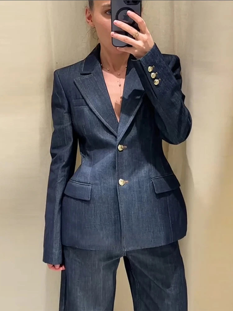 Retro Denim Vest Suit Jacket Pant 3 Piece Sets Women Classic Tube Top Waist-cinching Jackets High Waist Pants Sets Female Outfit