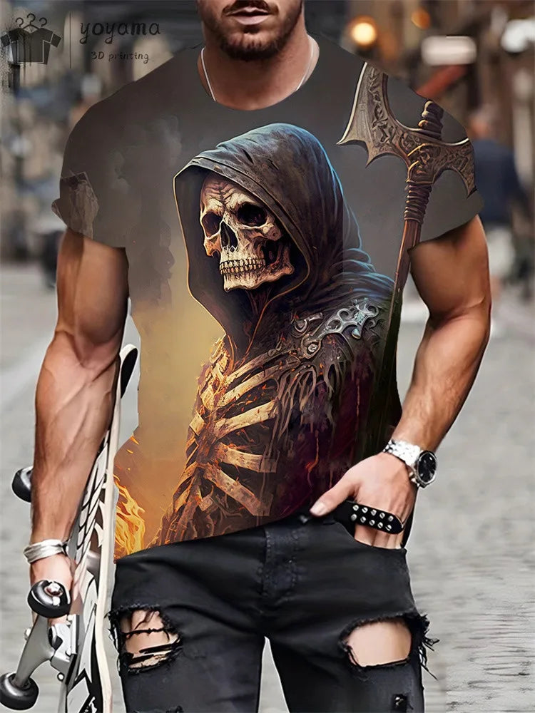 Men's Horror Skull Print T-Shirt 3D Print Vintage O-Neck Short Sleeve Fashion Oversized T-Shirts Men's Summer Street Clothing