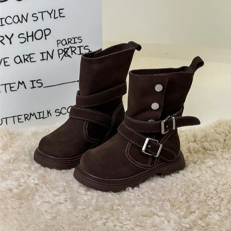 Fashion Baby Girl Retro Solid Short Boots Infant Toddler Child Spring Autumn Winter Mid-calf Platform Shoes Foldable Baby Shoes