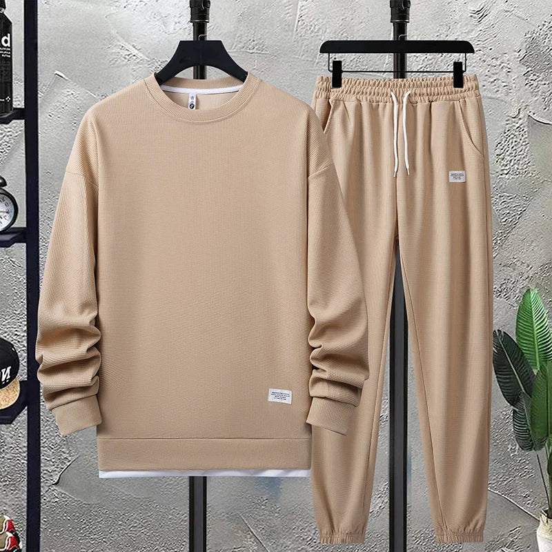Summer Men's Waffle Sets Casual T-Shirt And Shorts Set Male Sports Suit Solid Color Tracksuit Loose Suits Size