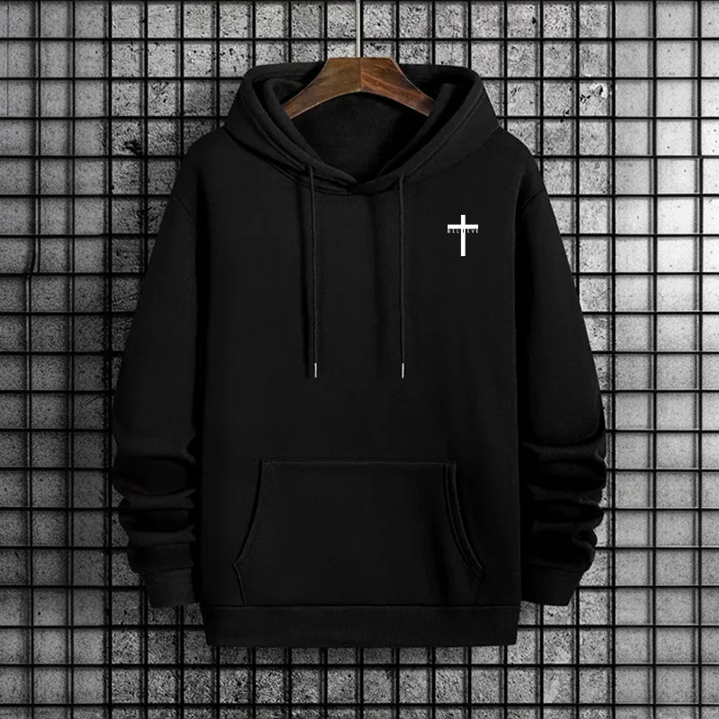 Mens Urban Hoodie 2025 High Quality Solid Color Long Sleeve Sweatshirt Casual Sporty Hooded Outerwear Jesus Cross Print Pullover