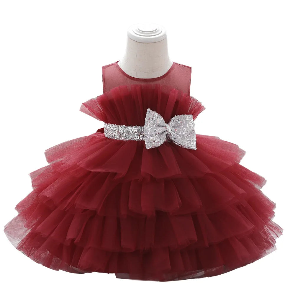 Kids Bow Baby Girls Dress Puffy Tulle Toddler White Baptism Party Dresses For Girl Elegant Kids Birthday Princess Ball Gown