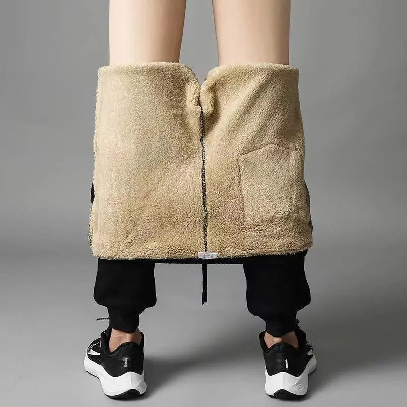 Winter Men's Cotton Tight Track Pants Fleece-Lined Thick Lambskin Knitted Sweatpants Casual Pants Men's Factory Direct Supply