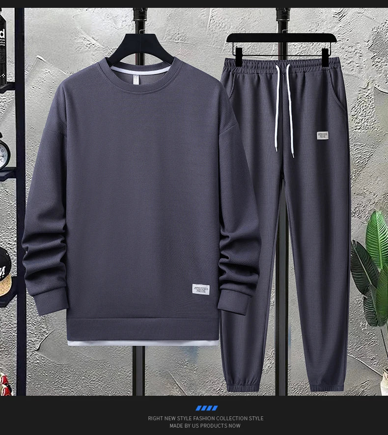 Summer Men's Waffle Sets Casual T-Shirt And Shorts Set Male Sports Suit Solid Color Tracksuit Loose Suits Size