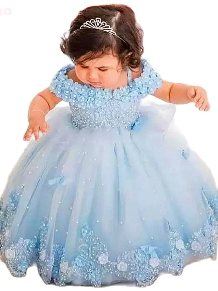 Pink Baby Girls Dresses Off Shoulder Pearls Lace Butterflies Flower Girl Dress Infant First Birthday Party Gown