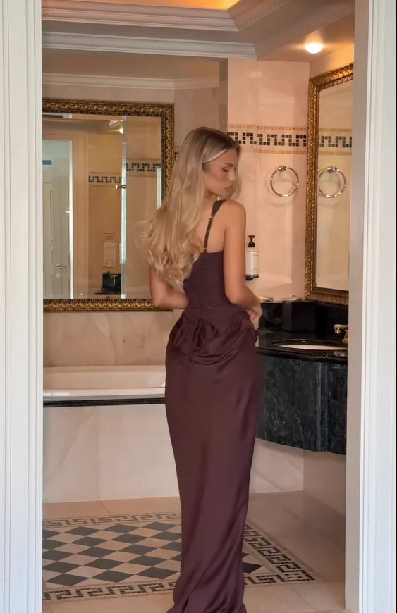 Solid Pleated Sling Dress Women Square Neck Sleeveless Off-shoulder Waist Cinching Slim Dresses Lady Evening Party Gowns 2025