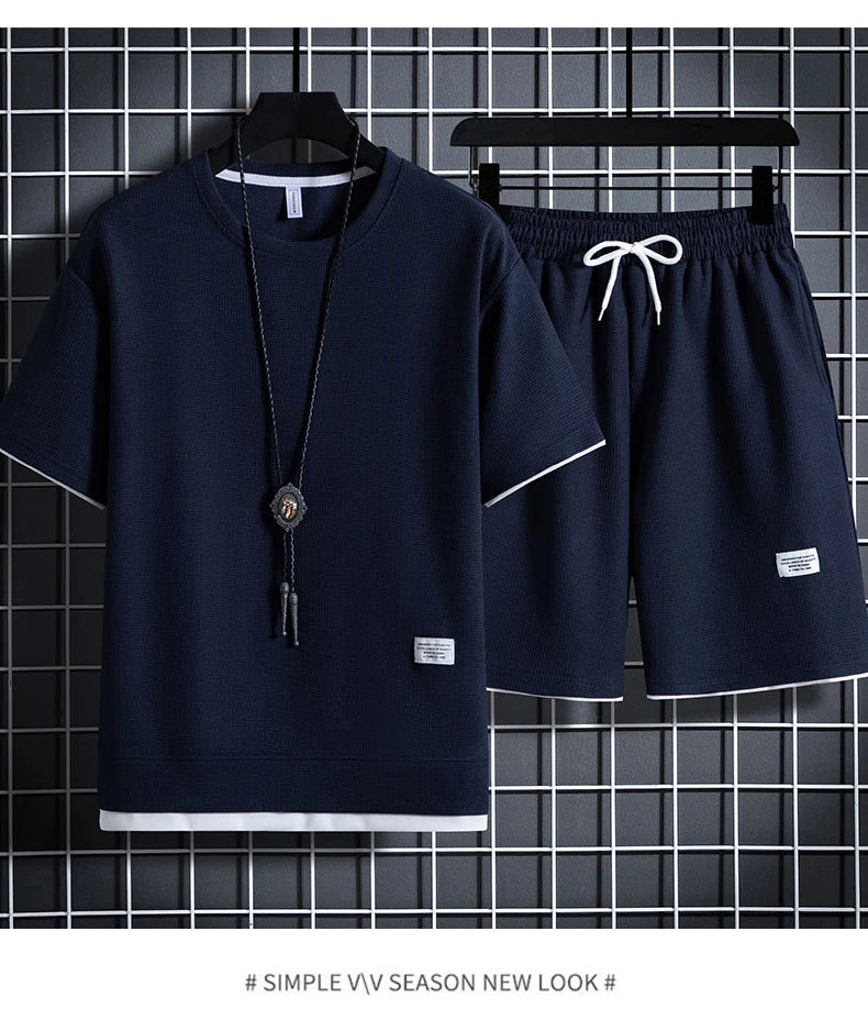 Summer Men's Waffle Sets Casual T-Shirt And Shorts Set Male Sports Suit Solid Color Tracksuit Loose Suits Size