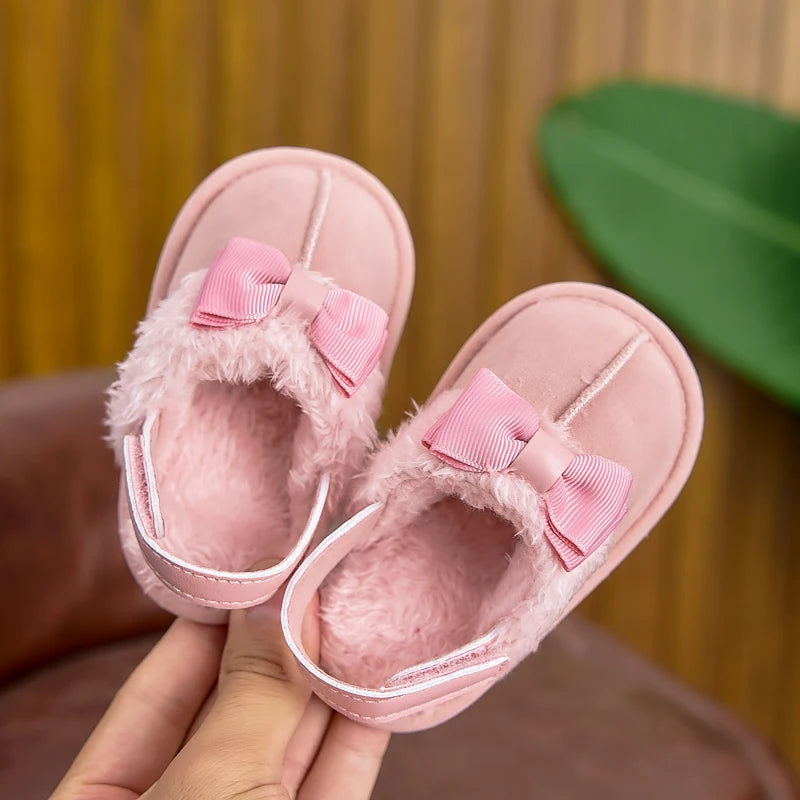 Spring, Autumn, and Winter Baby Girl Shoes for 0-1 Year Olds, Indoor Home Slippers with Velcro and Bowknot, Casual Soft-Soled Cute Plush Slippers for Baby Girls, Suitable for Both Indoor and Outdoor Use