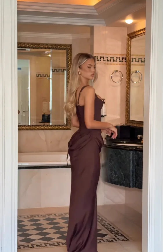 Solid Pleated Sling Dress Women Square Neck Sleeveless Off-shoulder Waist Cinching Slim Dresses Lady Evening Party Gowns 2025