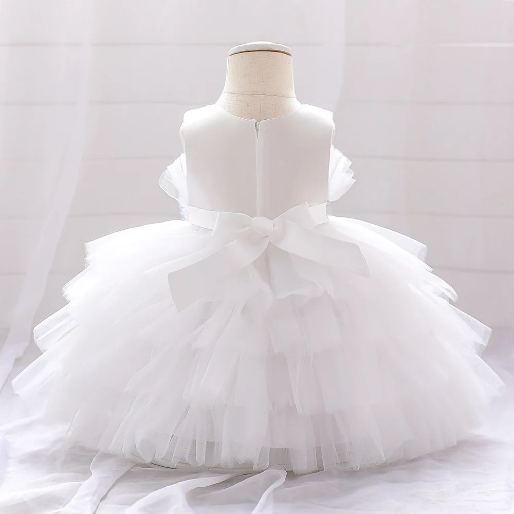 Kids Bow Baby Girls Dress Puffy Tulle Toddler White Baptism Party Dresses For Girl Elegant Kids Birthday Princess Ball Gown