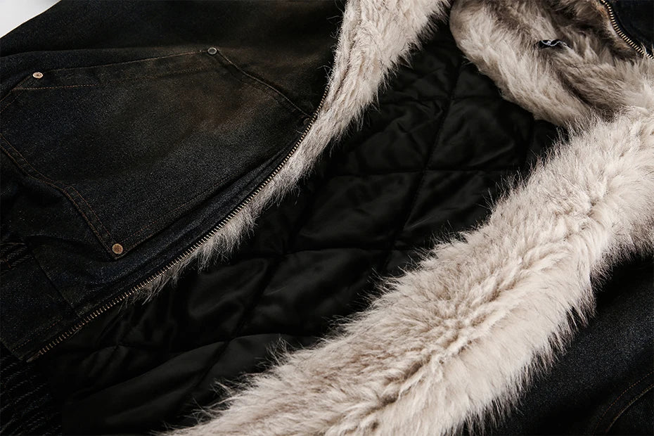 Vintage Denim Parkas Fur Warm Padded Jackets Men Streetwear Harajuku Oversized Bubble Coat Outwear