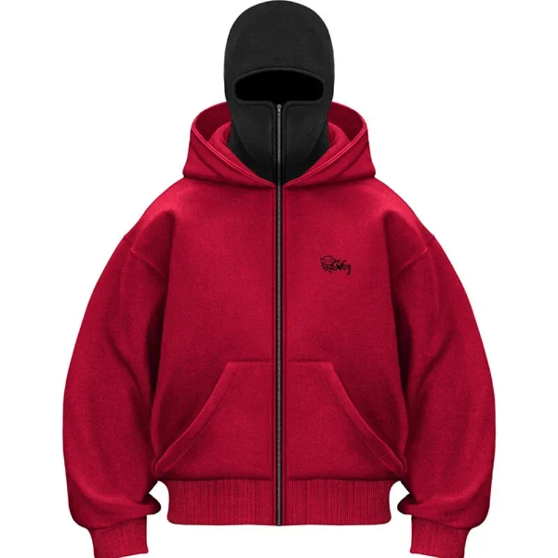 Balaclava Men Zip Hoodie Winter Warm Casual Sweatshirt Y2K with Hooded Face Mask Zipper Design Sports Jacket Outdoor Activities