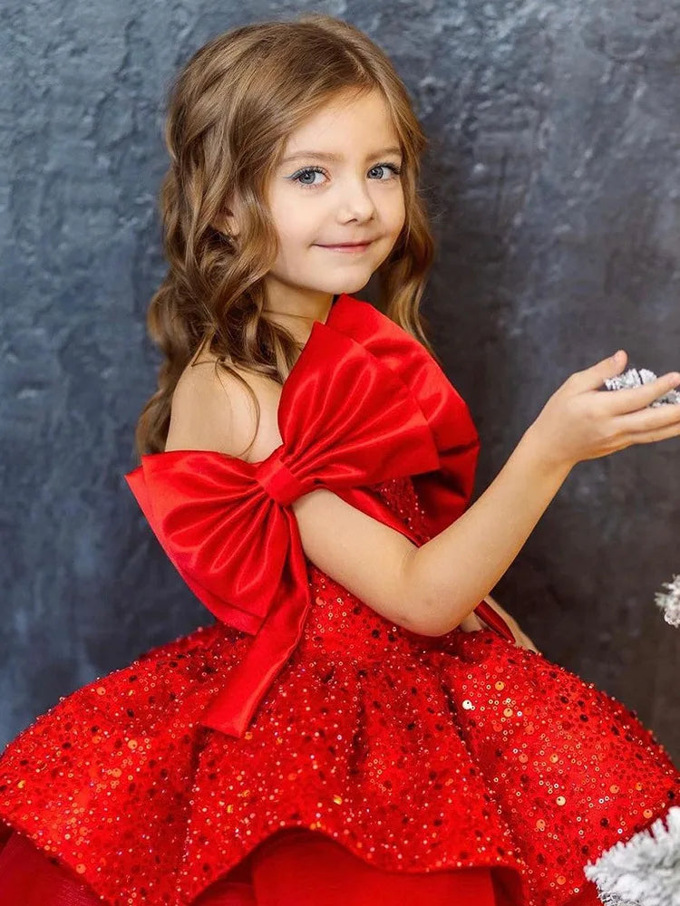 Luxury Girls Big Bow Wedding Party Flower Girl Dresses Pink Long Tulle Baby Ceremony Evening Dress Summer  3-10 Y graduate Dress