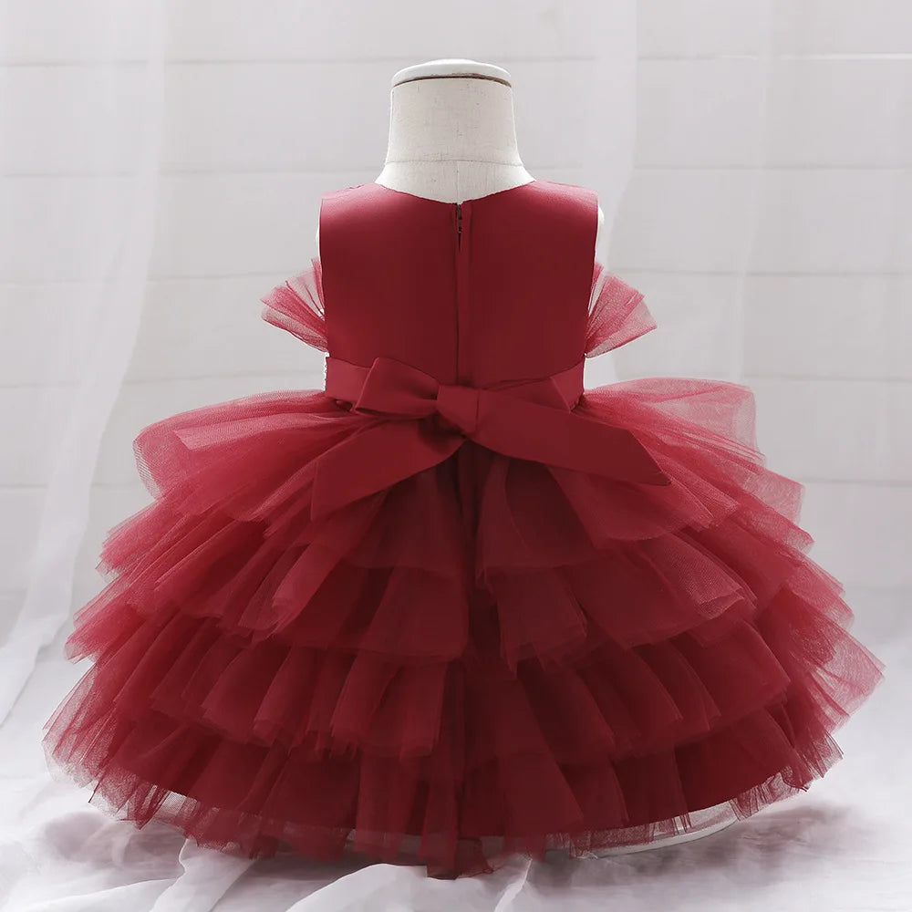 Kids Bow Baby Girls Dress Puffy Tulle Toddler White Baptism Party Dresses For Girl Elegant Kids Birthday Princess Ball Gown