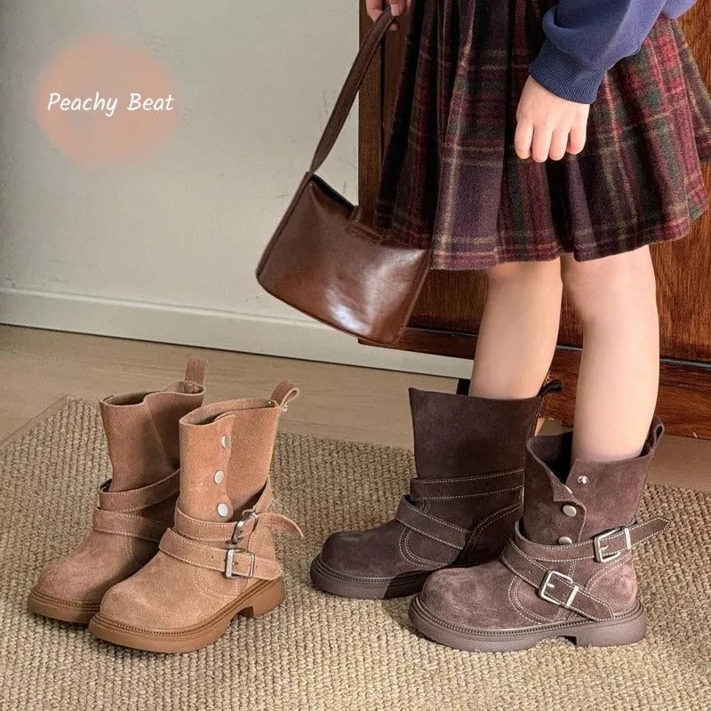 Fashion Baby Girl Retro Solid Short Boots Infant Toddler Child Spring Autumn Winter Mid-calf Platform Shoes Foldable Baby Shoes