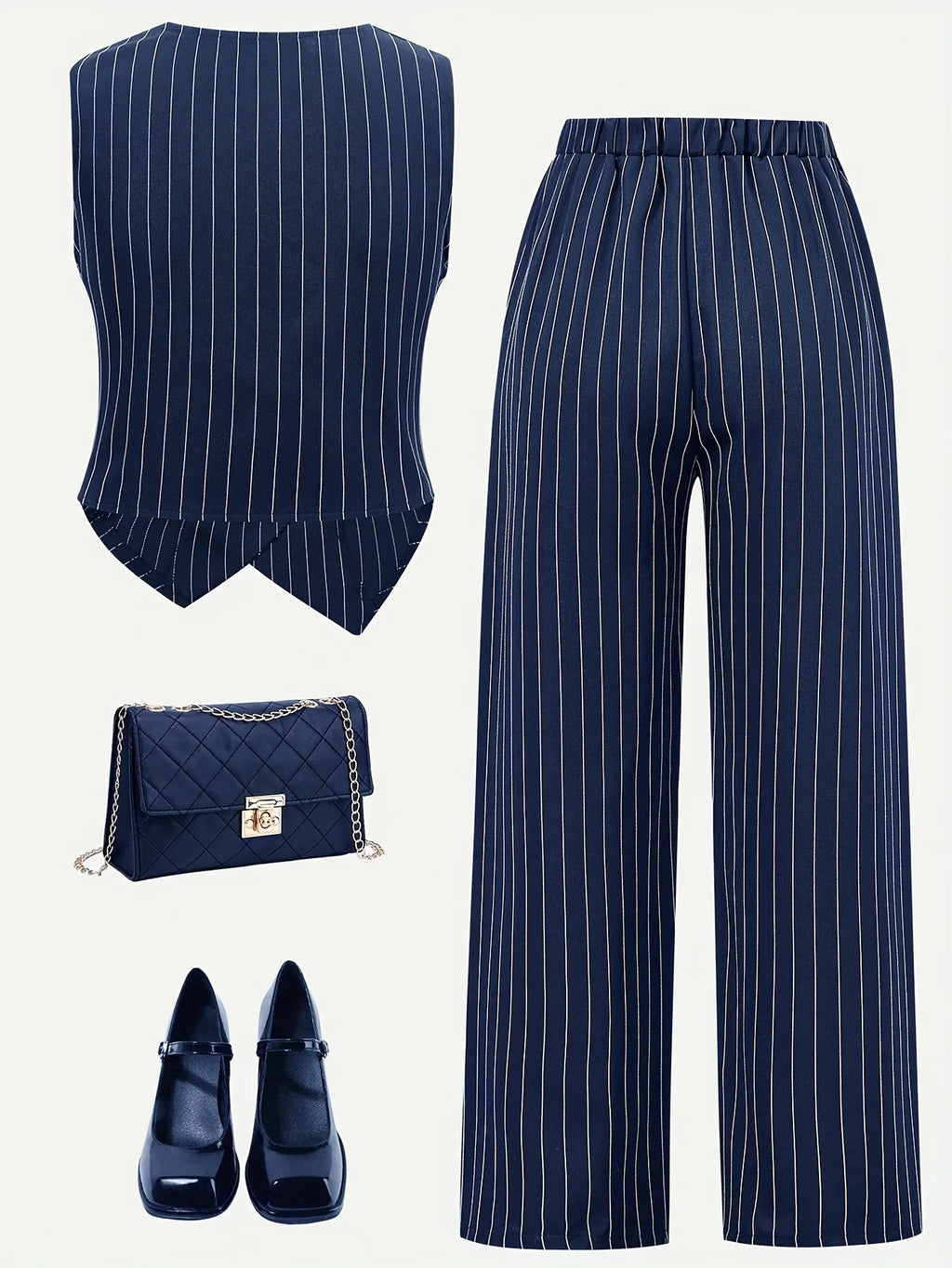 Kids Girls 2-Piece Striped V-Neck Button down Vest & Wide Leg Pants Set Elegant Office Style Outfit