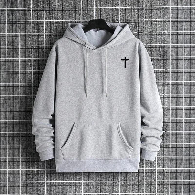 Mens Urban Hoodie 2025 High Quality Solid Color Long Sleeve Sweatshirt Casual Sporty Hooded Outerwear Jesus Cross Print Pullover