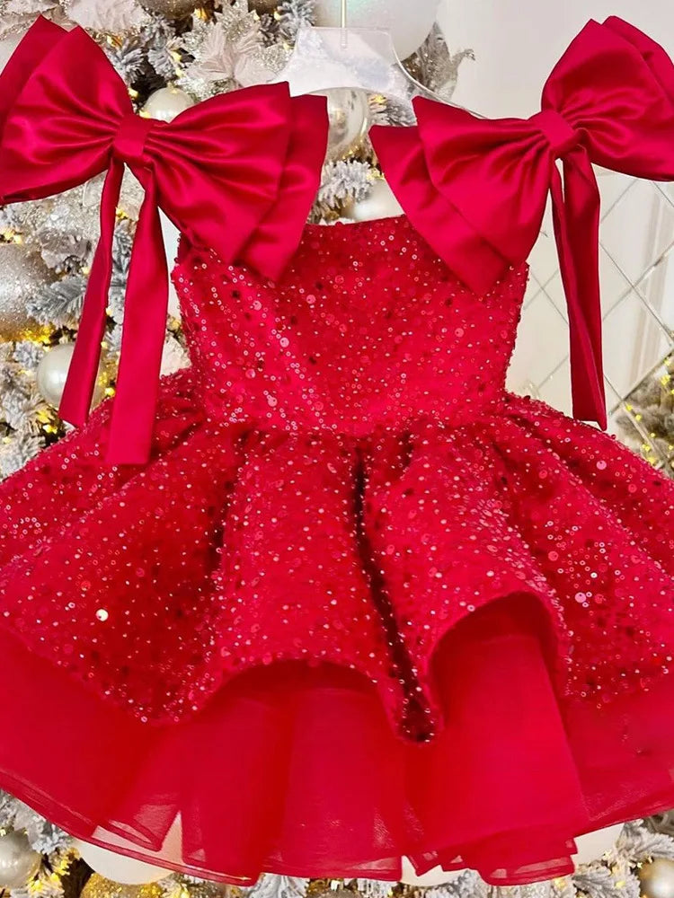 Luxury Girls Big Bow Wedding Party Flower Girl Dresses Pink Long Tulle Baby Ceremony Evening Dress Summer  3-10 Y graduate Dress