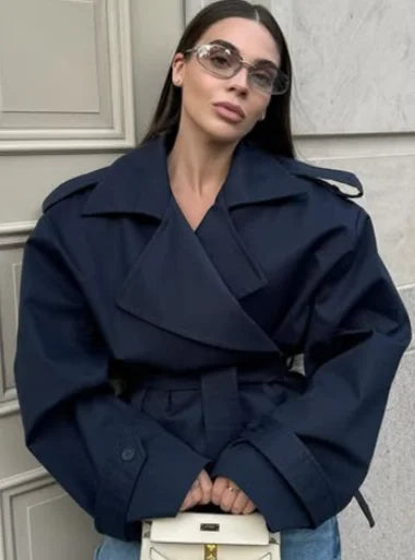 Casual Belt Lace Up Short Trench Coat Women Elegant Full Sleeve V Neck Loose Fashion Jacket Spring Daily High Street Outerwear
