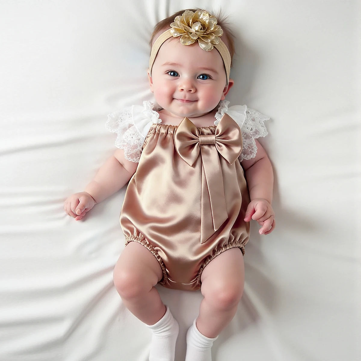 Newborn Lace Flower Headband And Bodysuit Set For Baby Photoshoot 100th Day Outfit Infant Photo Prop Baby Shower Gift-HD
