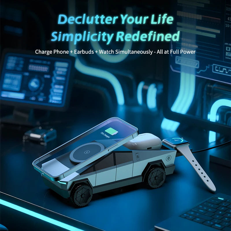 New Cybertruck Multifunctional 3-in-1 Wireless Charger Desktop Qi2 Charger for IPhone (15W),Iwatch (5W), Airpods (2.5W) Charging