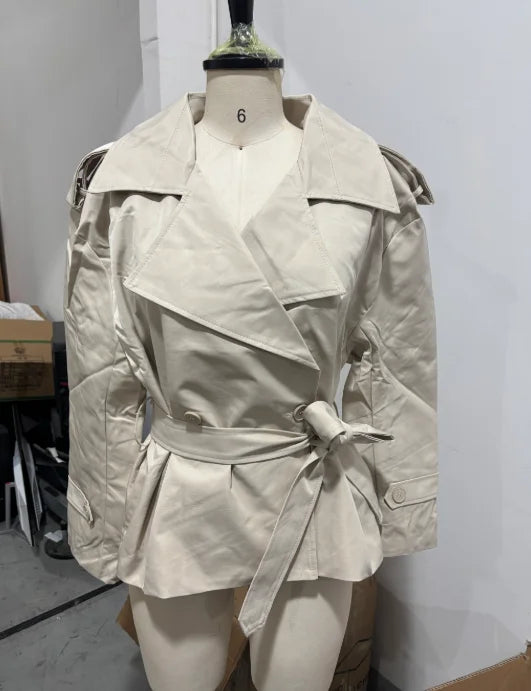Casual Belt Lace Up Short Trench Coat Women Elegant Full Sleeve V Neck Loose Fashion Jacket Spring Daily High Street Outerwear