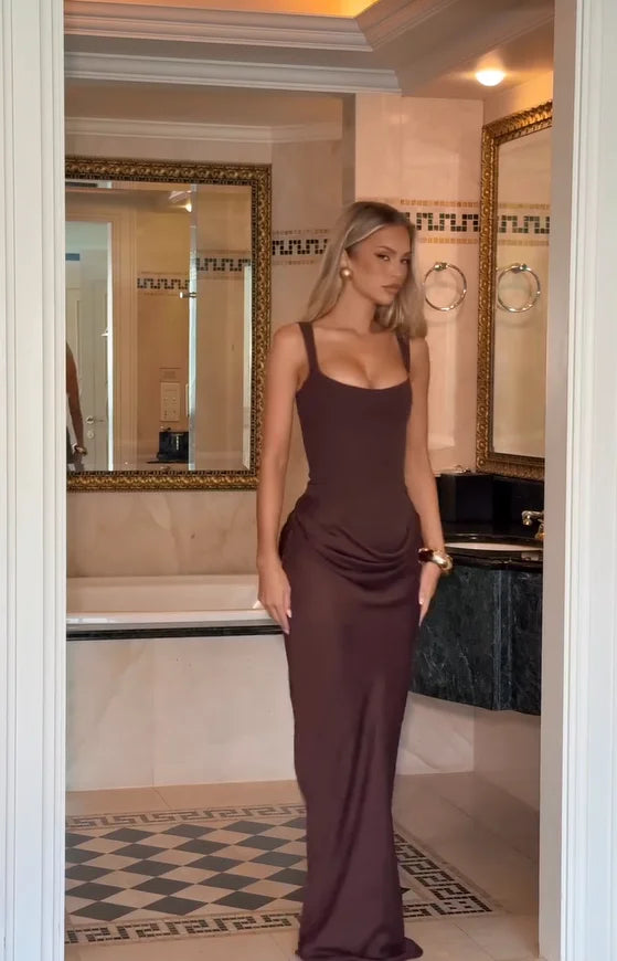 Solid Pleated Sling Dress Women Square Neck Sleeveless Off-shoulder Waist Cinching Slim Dresses Lady Evening Party Gowns 2025