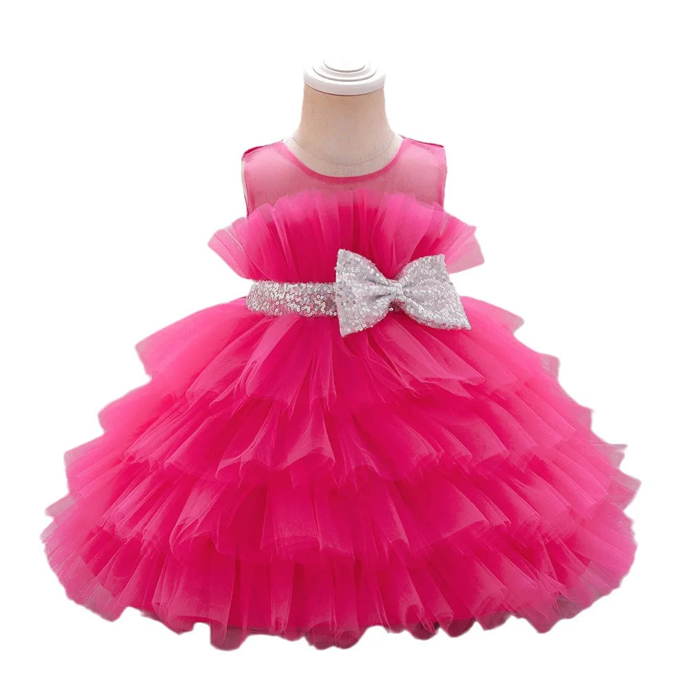 Kids Bow Baby Girls Dress Puffy Tulle Toddler White Baptism Party Dresses For Girl Elegant Kids Birthday Princess Ball Gown