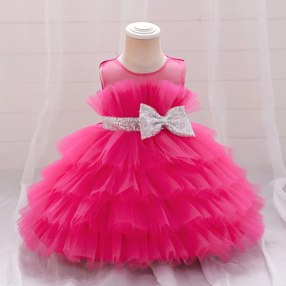 Kids Bow Baby Girls Dress Puffy Tulle Toddler White Baptism Party Dresses For Girl Elegant Kids Birthday Princess Ball Gown