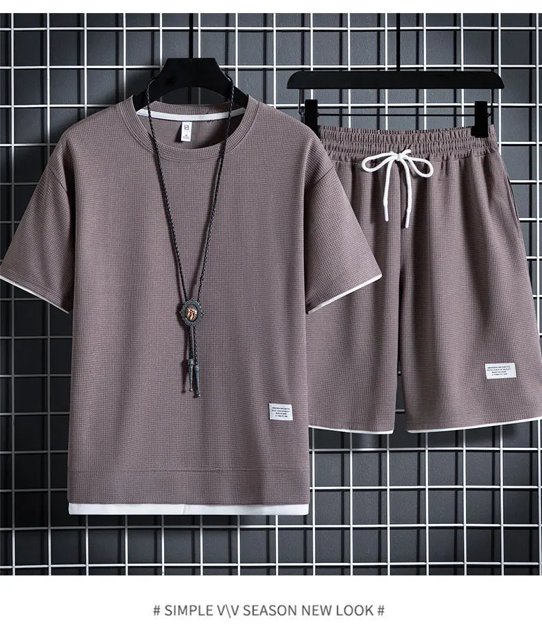 Summer Men's Waffle Sets Casual T-Shirt And Shorts Set Male Sports Suit Solid Color Tracksuit Loose Suits Size