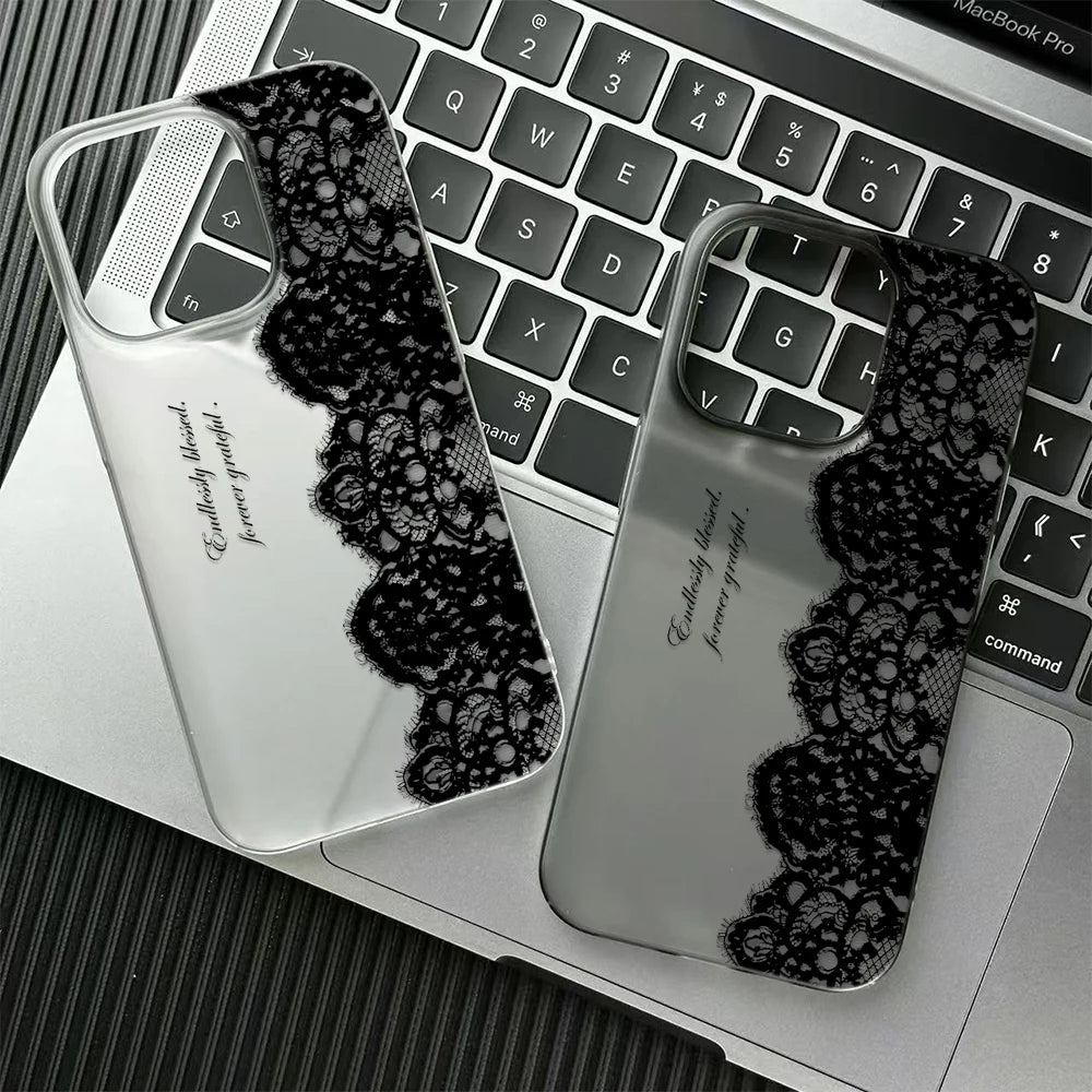Letter Black Lace Phone Case For IPhone 17 16 15 14 13 12 11 Pro Max 13 12 17 Air 16 Plus Shockproof Soft Clear Cases Coque