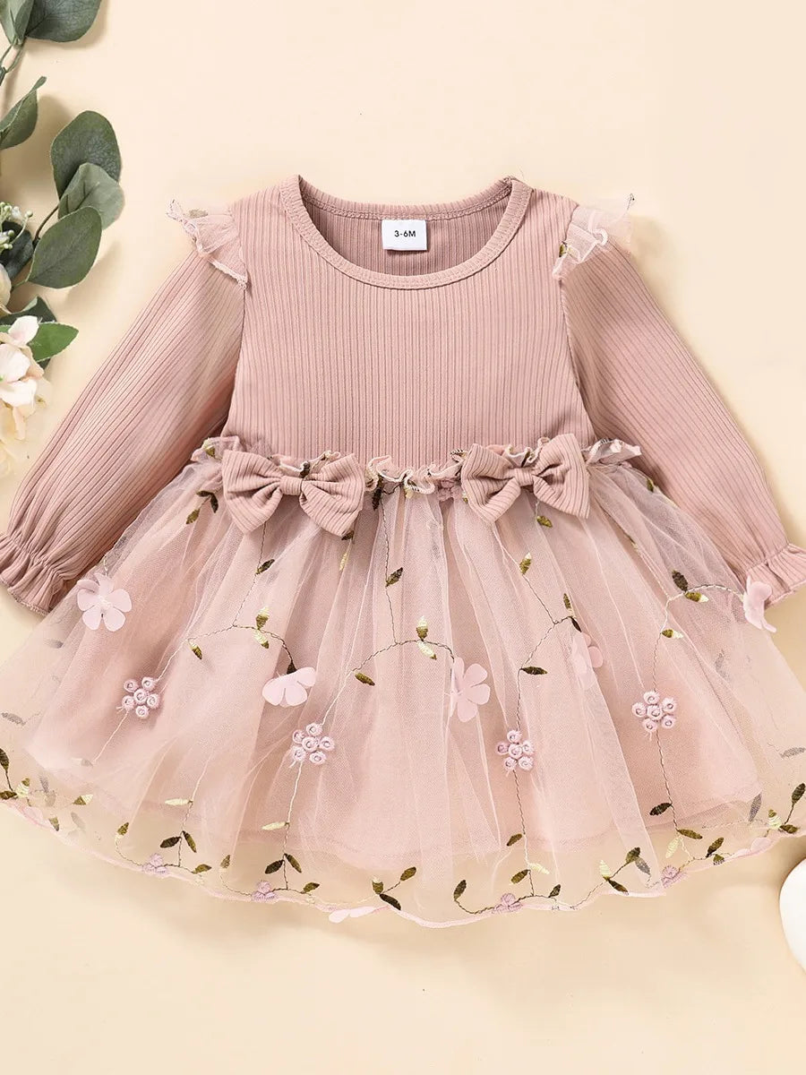 Baby Girl Pink Ribbed Long-Sleeve Bowknot Floral Embroidered Mesh Dress Perfect For Outings And Daily Wear