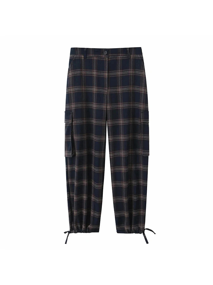 Women New Casual Chic Suit Checkered Hooded Jacket Loose Lantern Workwear Pants Fashion Autumn Winter Suits