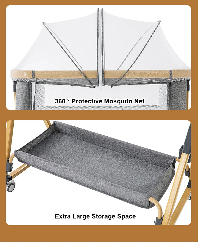 Baby bed 3 in 1 Baby Crib Bedside Crib Baby Playpen 0-3 years child multi-function folding and lifting With Mosquito Net & Wheel