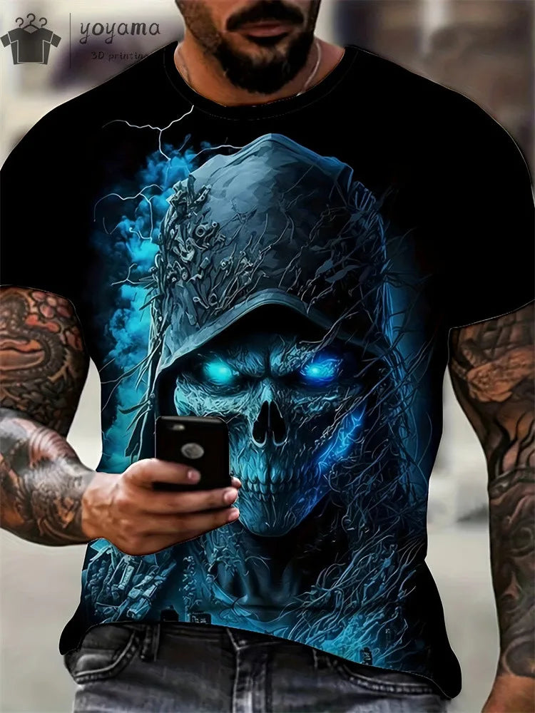 Men's Horror Skull Print T-Shirt 3D Print Vintage O-Neck Short Sleeve Fashion Oversized T-Shirts Men's Summer Street Clothing