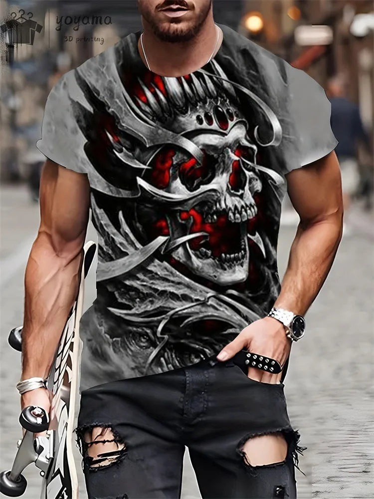 Men's Horror Skull Print T-Shirt 3D Print Vintage O-Neck Short Sleeve Fashion Oversized T-Shirts Men's Summer Street Clothing