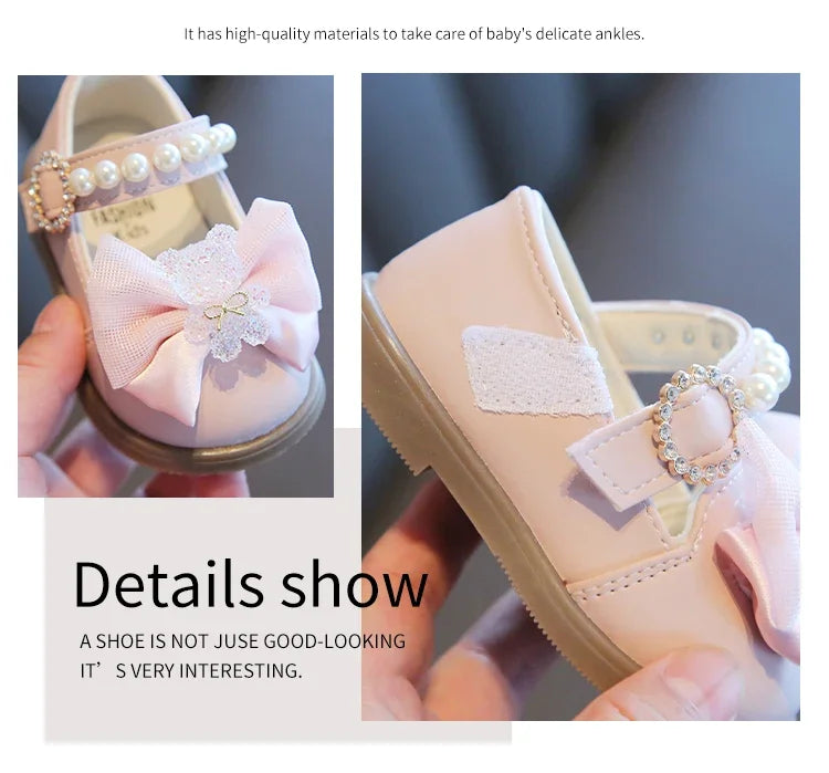 Baby Girls Walking Shoes with Big Bow Bear Children Princess Shoes Soft Sole Round Toe 2025 New Fashion Kids Flat Shoes Non-slip