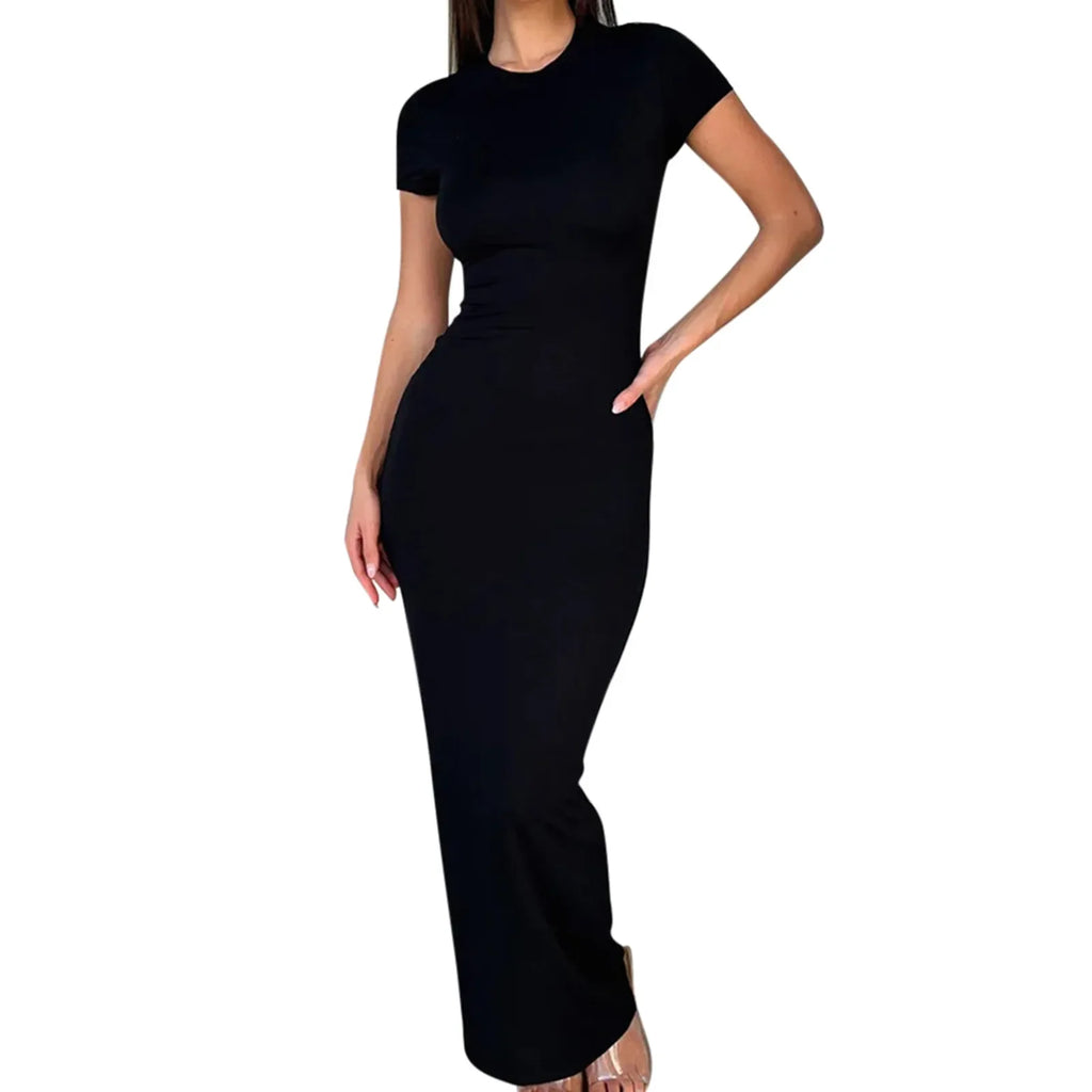 Sexy Skinny Women's Bodycon Party Dress Fashion O-neck Short Sleeve Solid Color Wraped Hip Package Long Dress Female Sexy Dress