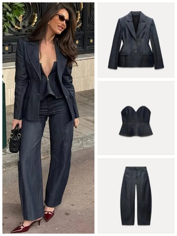 Retro Denim Vest Suit Jacket Pant 3 Piece Sets Women Classic Tube Top Waist-cinching Jackets High Waist Pants Sets Female Outfit
