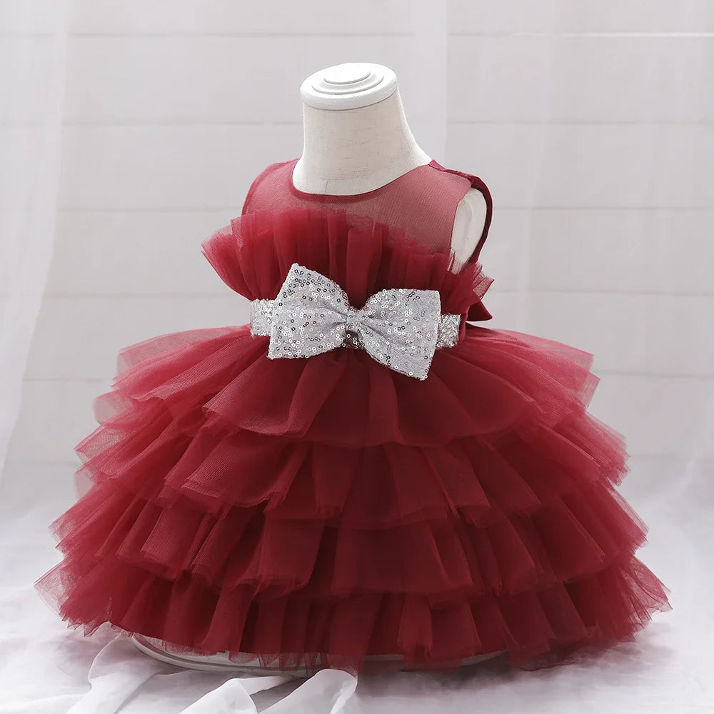 Kids Bow Baby Girls Dress Puffy Tulle Toddler White Baptism Party Dresses For Girl Elegant Kids Birthday Princess Ball Gown
