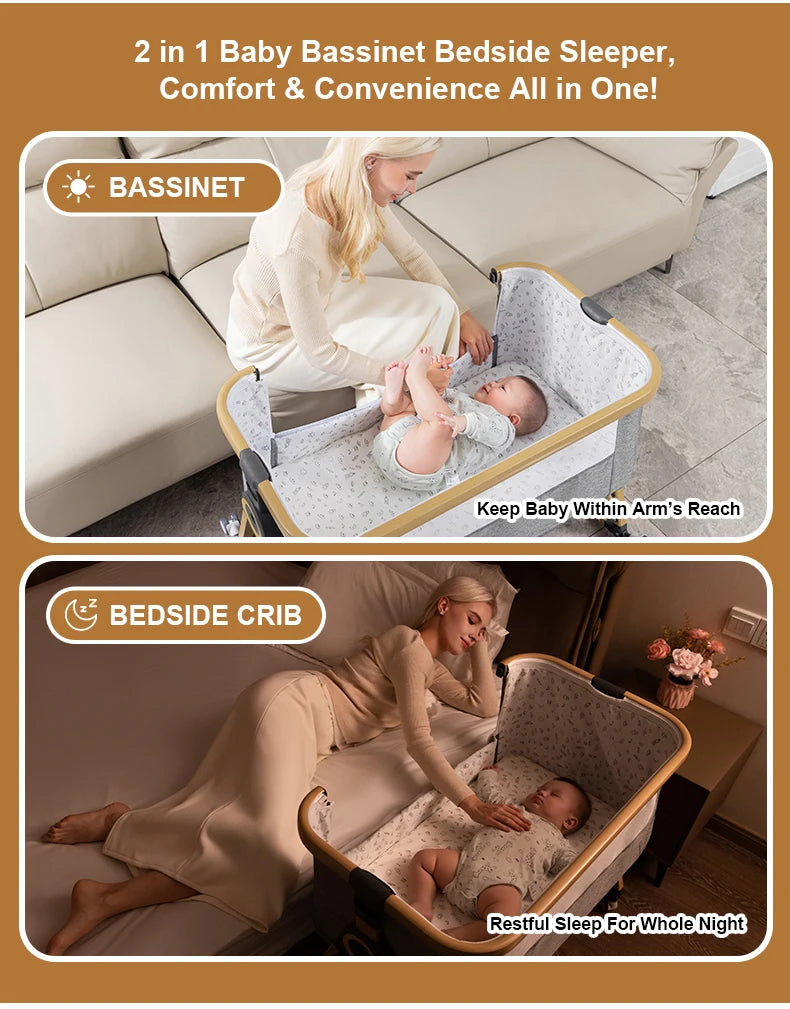 Baby bed 3 in 1 Baby Crib Bedside Crib Baby Playpen 0-3 years child multi-function folding and lifting With Mosquito Net & Wheel