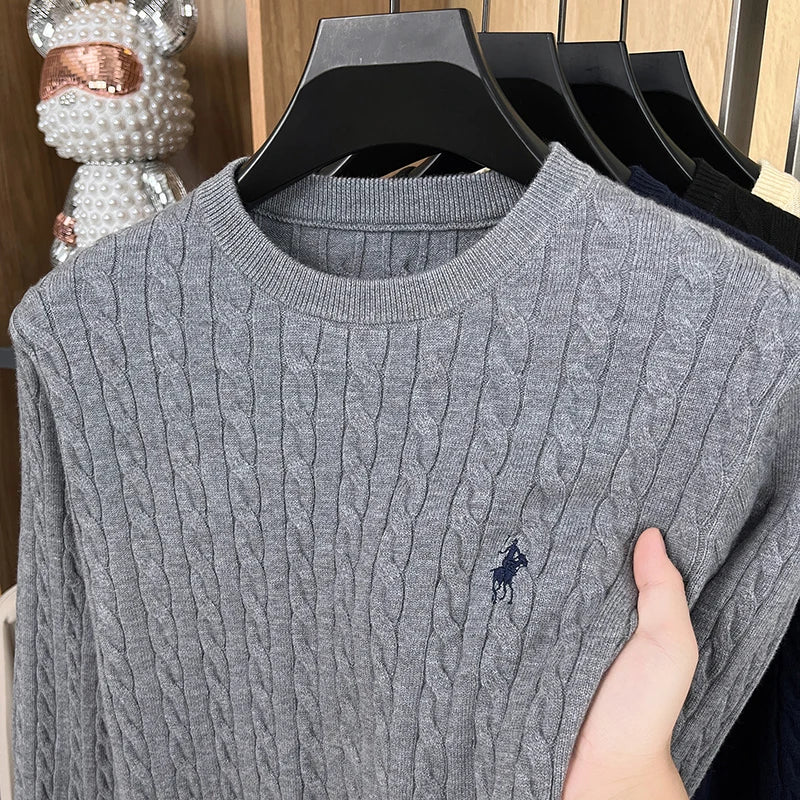 Light Luxury Men's New Round Neck Autumn and Winter Texture 2025 Model Twisted Flower Shaped Casual Embroidery Knitted Sweater