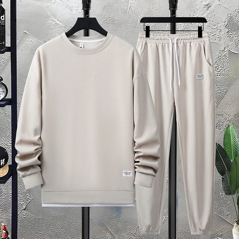 Summer Men's Waffle Sets Casual T-Shirt And Shorts Set Male Sports Suit Solid Color Tracksuit Loose Suits Size