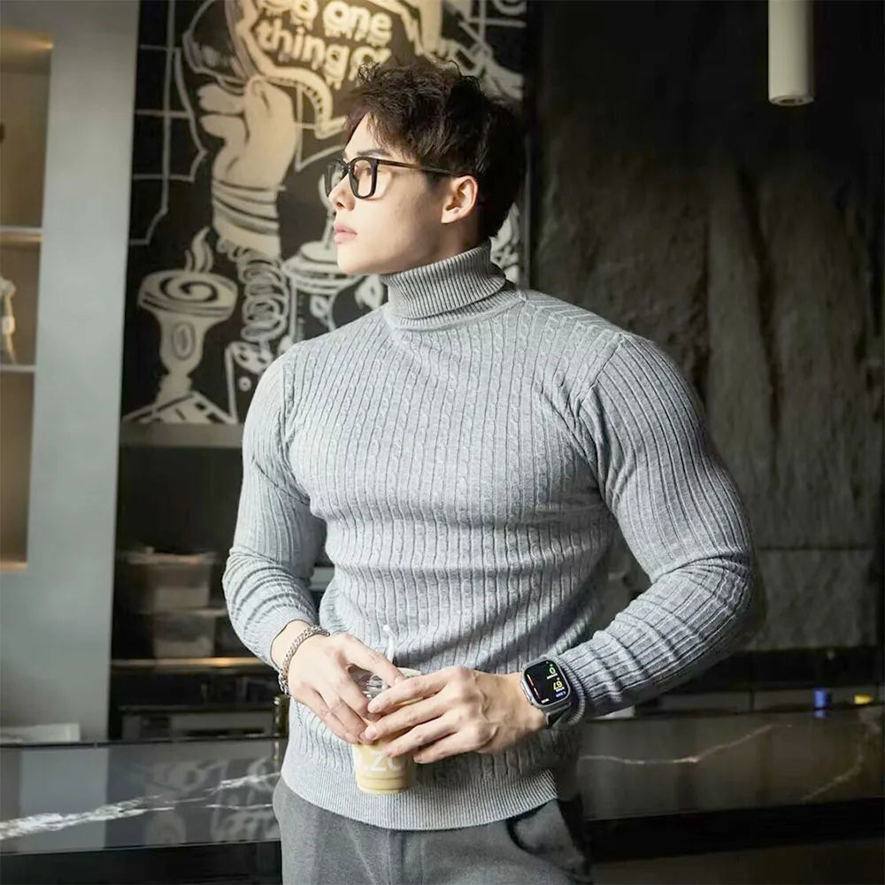 New Men's Turtleneck Sweaters Autumn Knitted Striped Streetwear Warm Long Sleeved Pullover Solid Color Basic Style Casual Tops